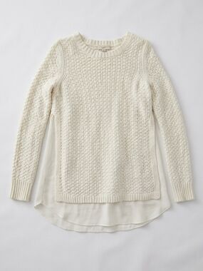 LOFT Cream Textured Crewneck Sweater with Layered Back Hem